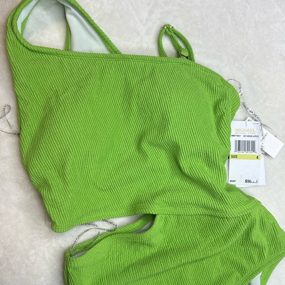 Michael Kors One Piece Cut Out One-Shoulder Lime Green Swimsuit- Size 4- NWT - Picture 3 of 8